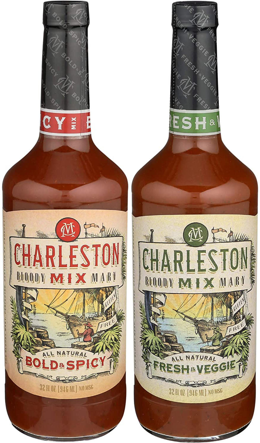 Charleston Mix Bloody Mary Cocktail Mix, 2-Pack, Bold & Spicy, Fresh & Veggie, 32 Fl Oz, 1 of Each, 2-Pack